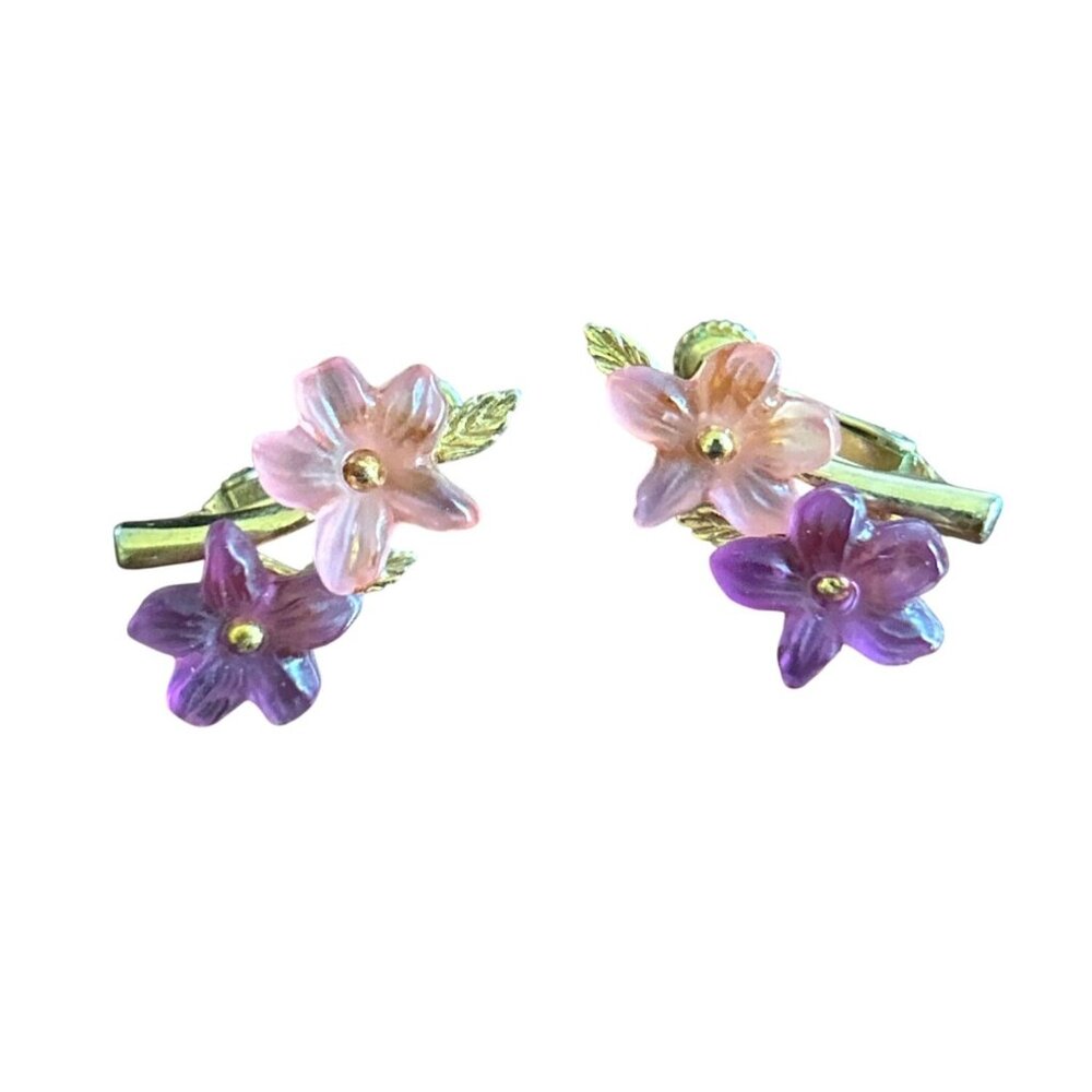 Vintage Gold-Tone Floral Screw Back Earrings With Pink & Purple  Petals
